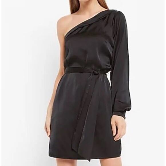 Express Dresses & Skirts - NWT Express Satin Black Tie Waist One Shoulder Mini Cocktail Dress | S